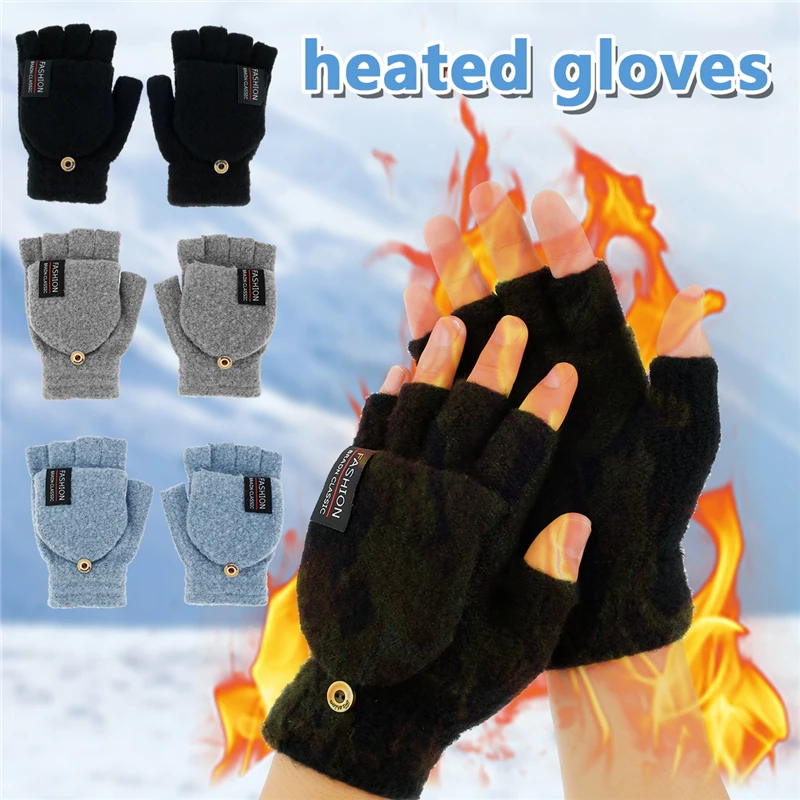 Women Men USB Heated Gloves Winter Thermal Electric Heating Gloves Half Finger Winter Warm Knit Hand Gloves Cycling Skiing Glove