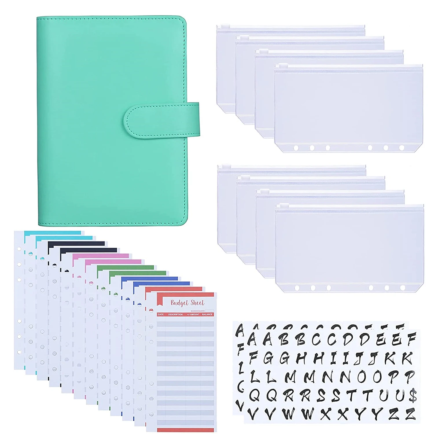 A6 PU Binder Cover Cash Envelopes System with 8PCS A6 Binder Pockets, 12 Expense Budget Sheets,2PCS 26 Letter Sticker Labels