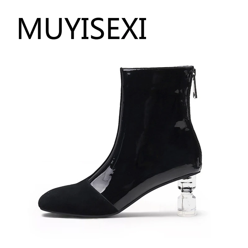 

Superstar 5.5cm transparent high heel korean girls full grain leather square toe zipper concise cozy ankle boot HL282 MUYISEXI