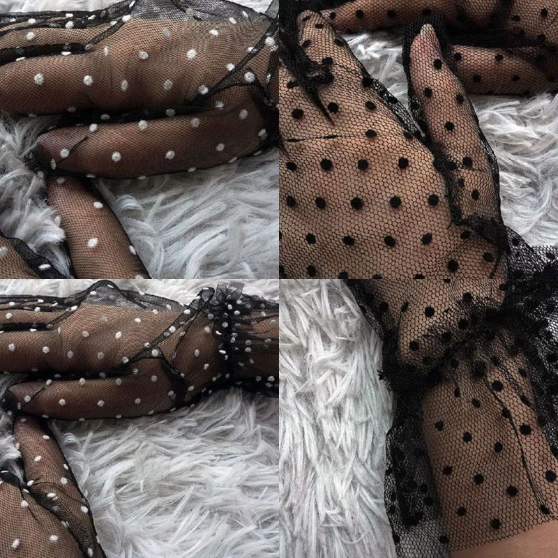 Summer Transparent Dot Print Mesh Tulle Gloves Women Short Gauze Ultra Thin Sexy Lace Glove Club Prom Party Dancing Dress mitten