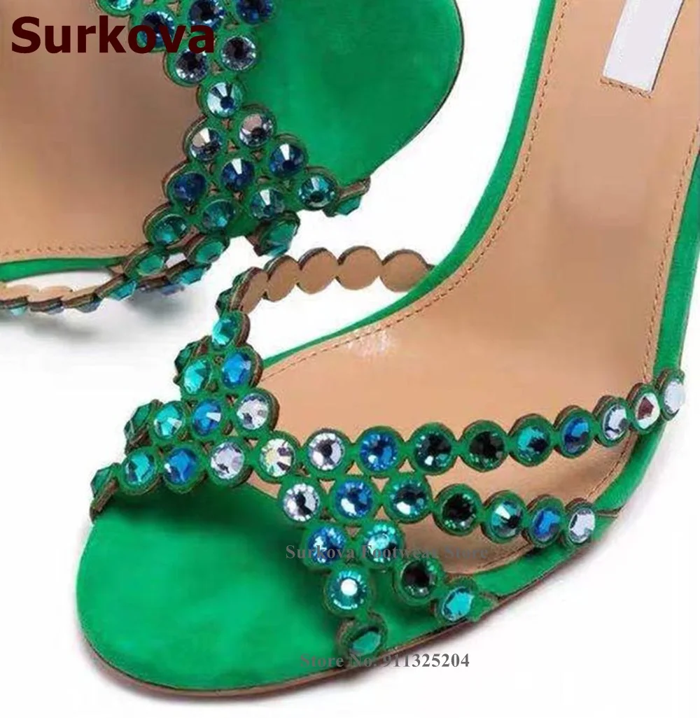 Surkova Bling Bling Crystal Wedding Shoes Purple Green Glitter Rhinestone Strappy High Heel Sandals Elegant Nice Dress Pumps