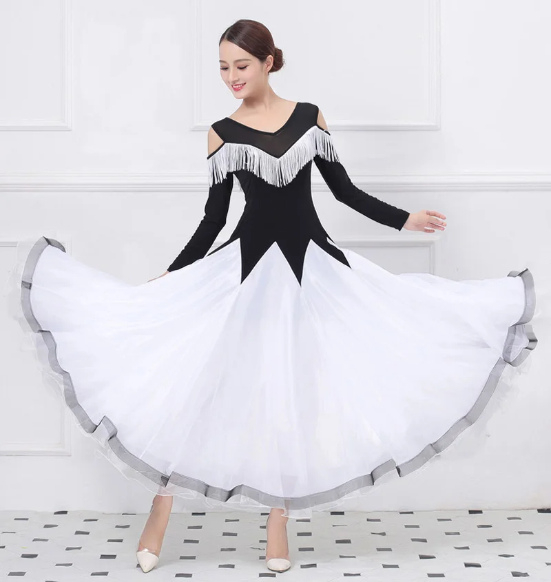 Tiêu Chuẩn Phòng Khiêu Vũ Điệu Nhảy Đầm 2023 Phụ Nữ Tango Flamenco Waltz Nhảy Múa Váy Nữ Cổ Chữ V Tua Rua Bóng Thi Đấu Áo