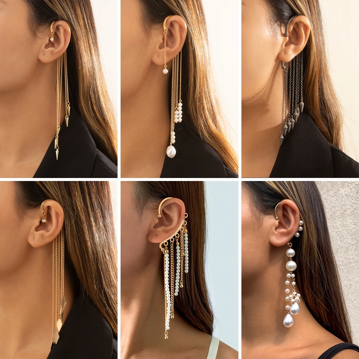 IngeSight.Z 1PC Imitation Pearl Sequins Long Tassel Earrings Kpop Arc Ear Hanging Fake Cartilage Clip Earrings Jewelry Accessory