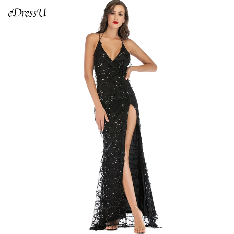 

Sexy Split Evening Dress Tassel Party Dress Backless Vestido de Fiesta Robe de Soiree Sequins Formal Prom Dress YMK-620