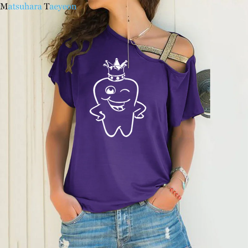 Summer t shirt woman cotton t-shirt print Teeth Dentist 2020 tshirt woman's tee Irregular Skew Cross Bandage Funny T Shirts top