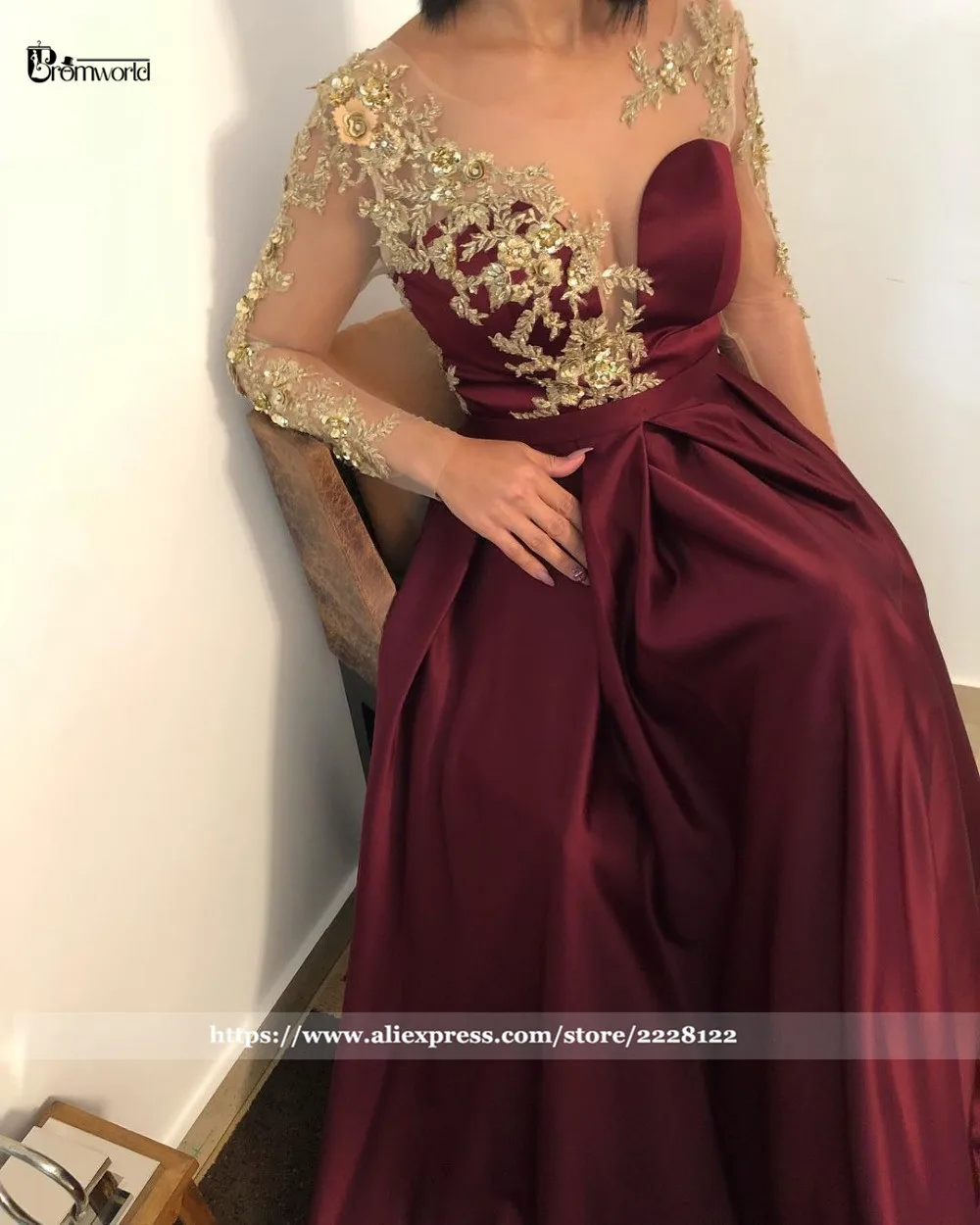 Elegant Burgundy A-Line Evening Dresses Illusion Long Sleeve Formal Prom Dress 2024 Gold Flowers Lace Satin Robe De Soiree