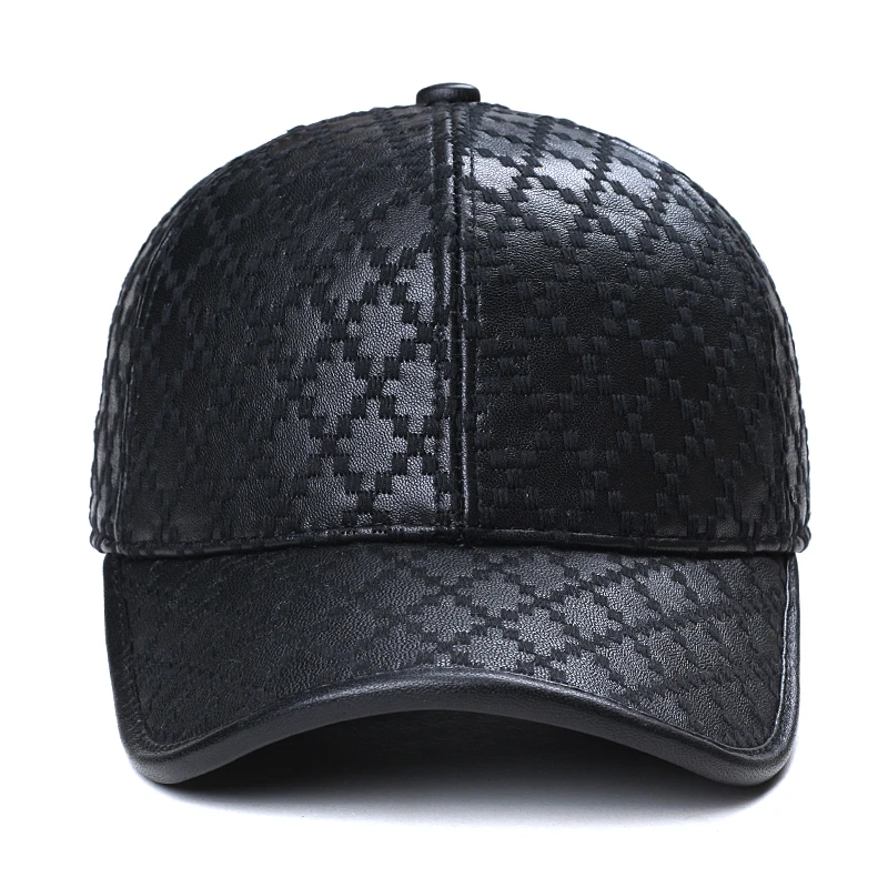 Exclusive Unisex Genuine Leather Rhombus Check Embroidered Baseball Cap Women Retro Casual Peaked Hat Men Fishing Trucker Gorras