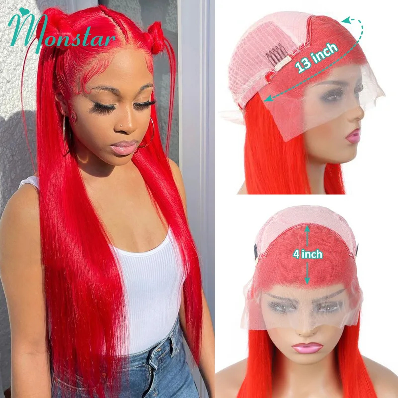 Monstar Red Wig Color Straight Human Hair Wig Brazilian Remy 13x4 Body Wave Lace Front Wig Lace Frontal Wig Transparent Lace Wig