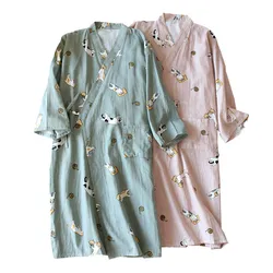 Lovers' Nightgown Men And Women Comfort Gauze Cotton Robes Cute Kitten Printed Kimono Sleepwear Spring New Couples Loose Homewar