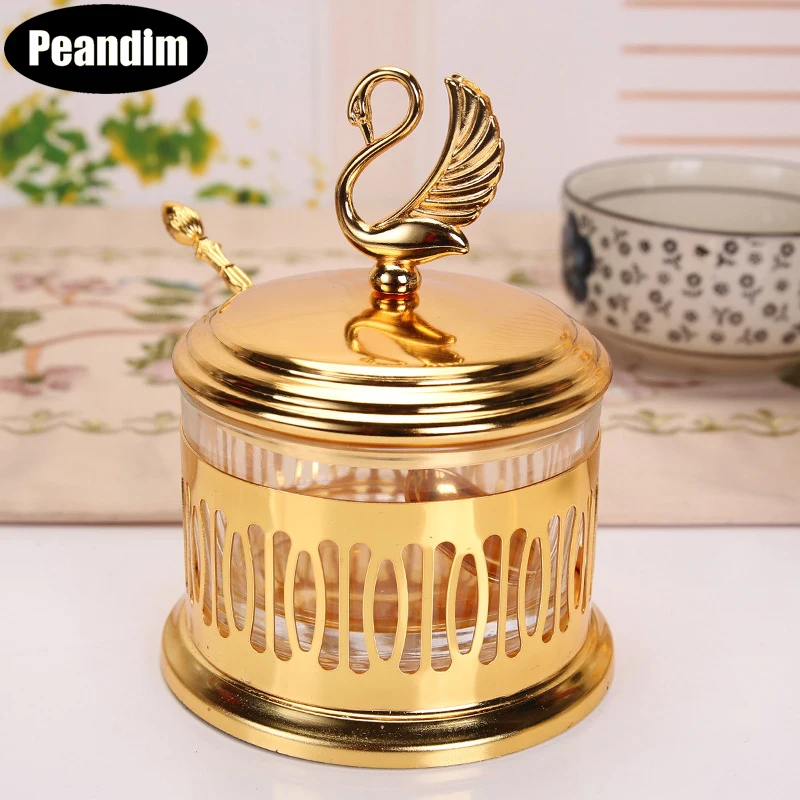 

PEANDIM Jars Style Gold Finish Metal Glass Salt/ Sugar Jar Storage Bottle Tableware Dinnerware Home Table Decoration