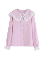 Japanese Korea Style Plaid Shirt Ruffle Bell Sleeve High School Uniforms Students Cute Girls Harajuku Preppy Style Pink Cardigan