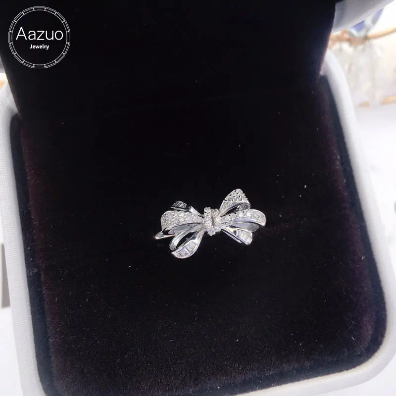 

Aazuo Orignal 18K White Gold Real Diamond 0.8ct Full drill Diamonds Lovely Bow Ring Fashion Gift For Woman Birthday