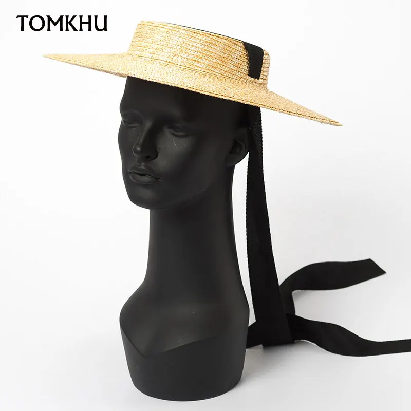 New Wide Brim Sun Hats 15cm Brim Boater Straw Hat Flat Women Summer Derby Chapeau Hat White Black Ribbon Tie Sunscreen Beach Cap