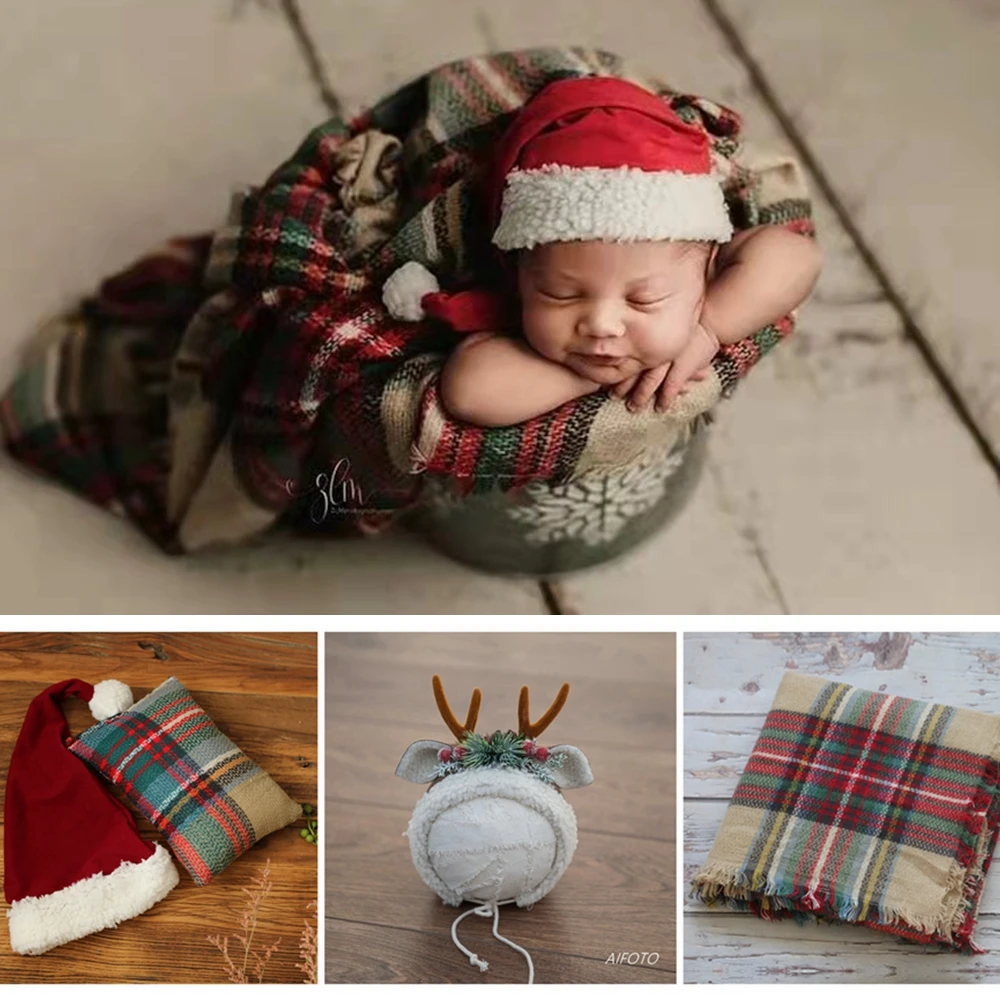 Baby Christmas Hat Reindeer Newborn Photography Props Accessories Wraps Pillow Set For Girls Boy Photo Shoot Studio Decoration