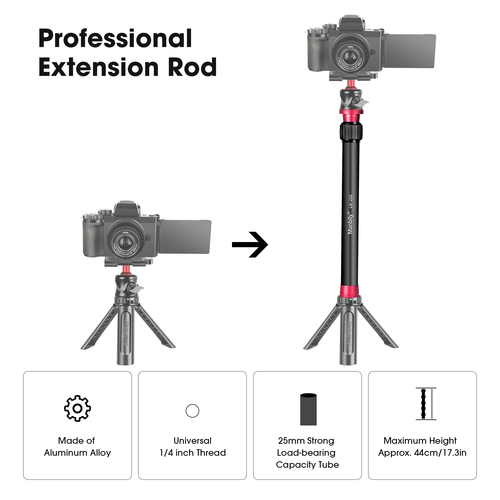 Manbily Tripod Monopod genggam, dudukan ekstensi ponsel untuk kamera DSLR & SLR, penstabil GoPro