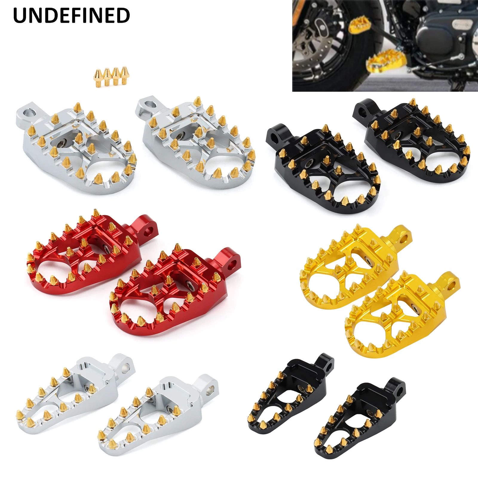 Gold Spike MX Foot Pegs Motorcycle Wide Fat Footpegs Footrests 360 Roating For Harley Dyna Fatboy Sportster Iron 883 Street Bob