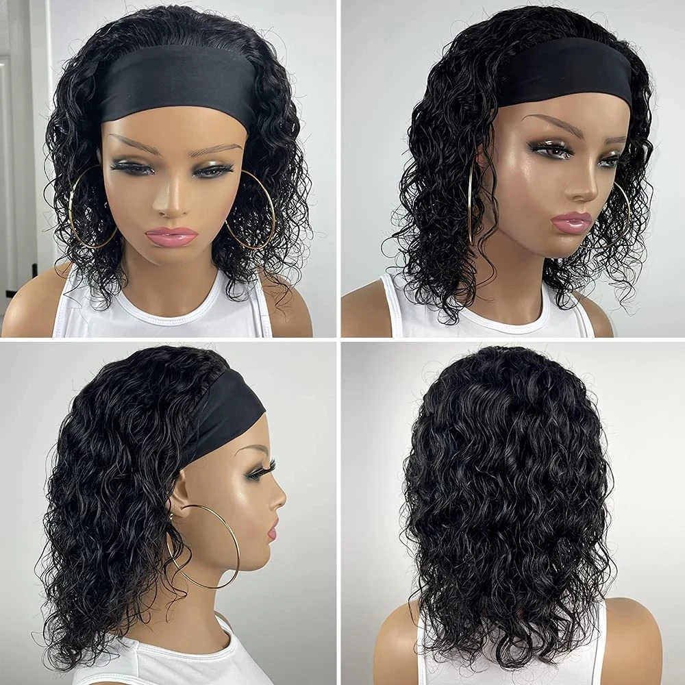 Headband Wigs for Black Women Synthetic Water Wave Curly Wig Glueless Half Wig with Headbands Attached Natural for Daily Use