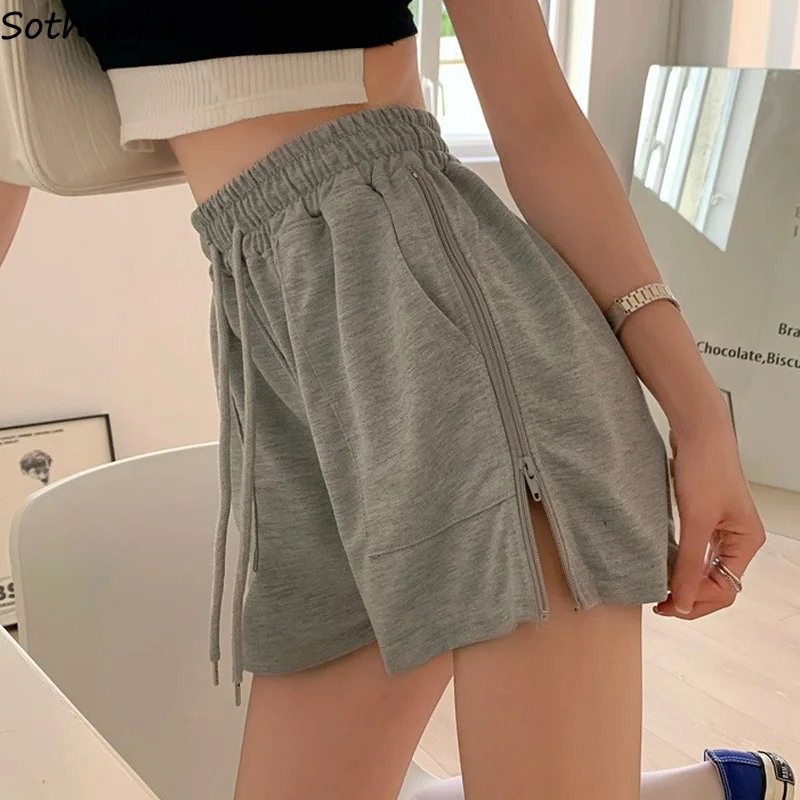 Women Sleep Bottoms Solid Zipper Side-slit Design Hipsters Shorts Fashion High Elastic Waist Teens Lounge Wear Loose Casual Cozy