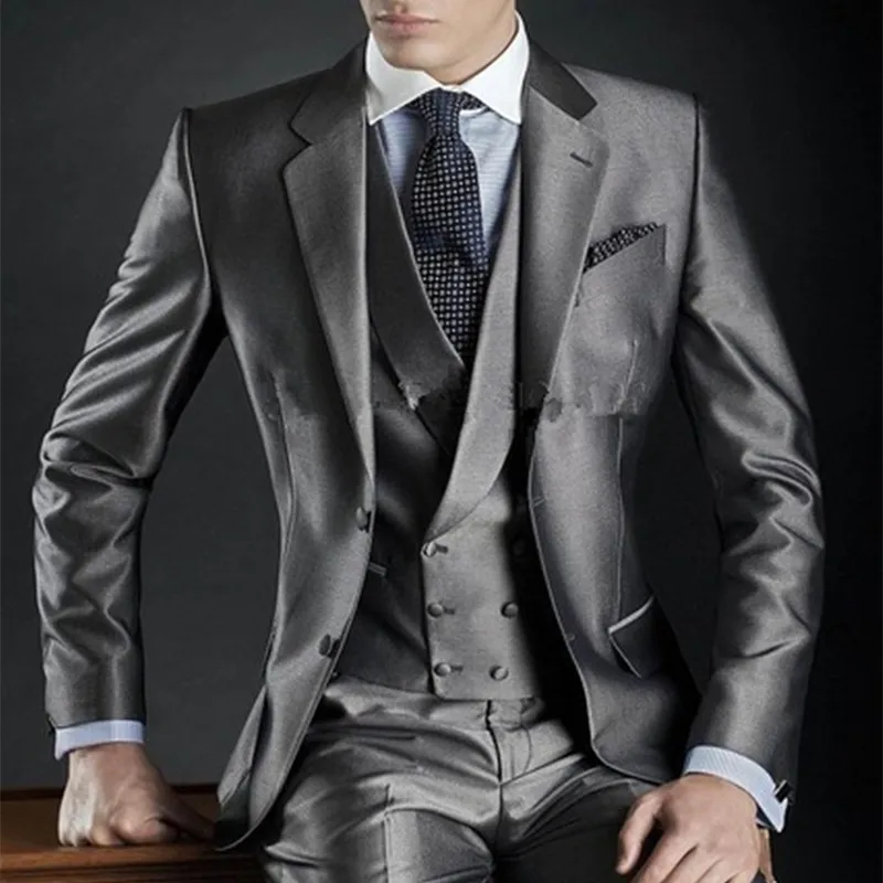 

Latest Coat Pant Designs Grey single Breasted Satin Men Suits 2023 Italian Jacket Custom Groom Slim Fit Tuxedo 3 Pieces men suit