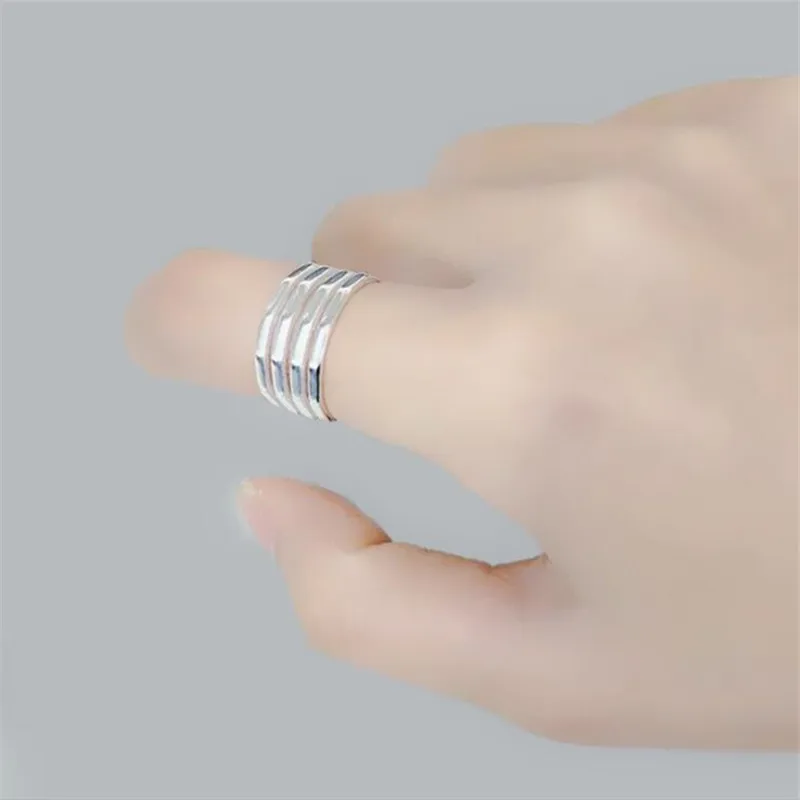 New Style Smooth Crystal Four-line 925 Sterling Silver Jewelry Temperament Multi-layer Geometric Opening Rings TYB560