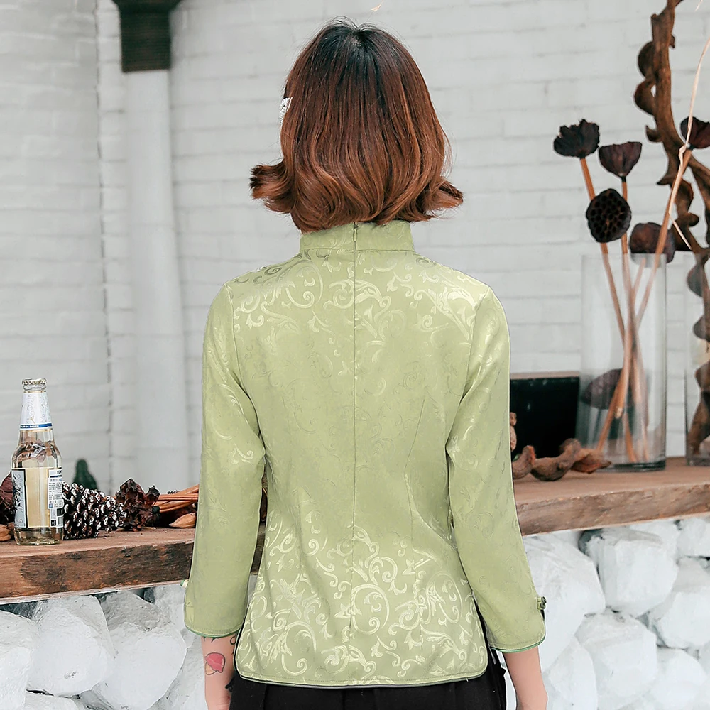 Elegant Satin Chinese Women Mandarin Collar Shirt Novelty Green Printed Blouse Half Sleeve Classic Handmade Button Tops