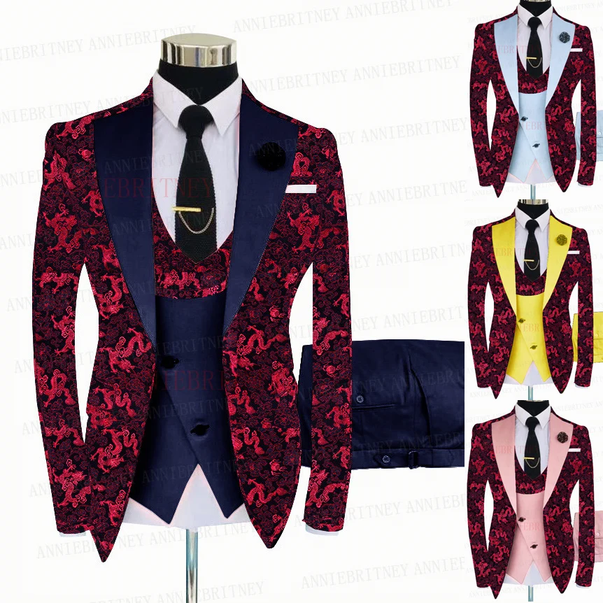 Red Floral Jacquard Wedding Suit For Men 2022 3 Pieces Tailored Shiny Blazer Masculino Slim Fit Tuxedo Set Conjuntos De Chaqueta