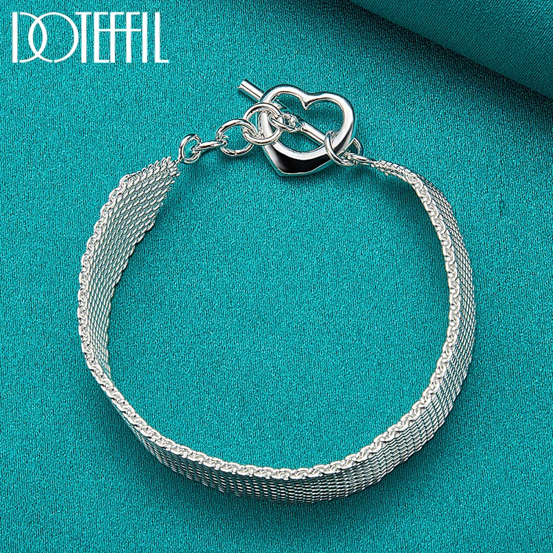 DOTEFFIL 925 Sterling Silver Watchband Network Heart Bracelet Chain For Woman Man Charm Wedding Engagement Party Fashion Jewelry