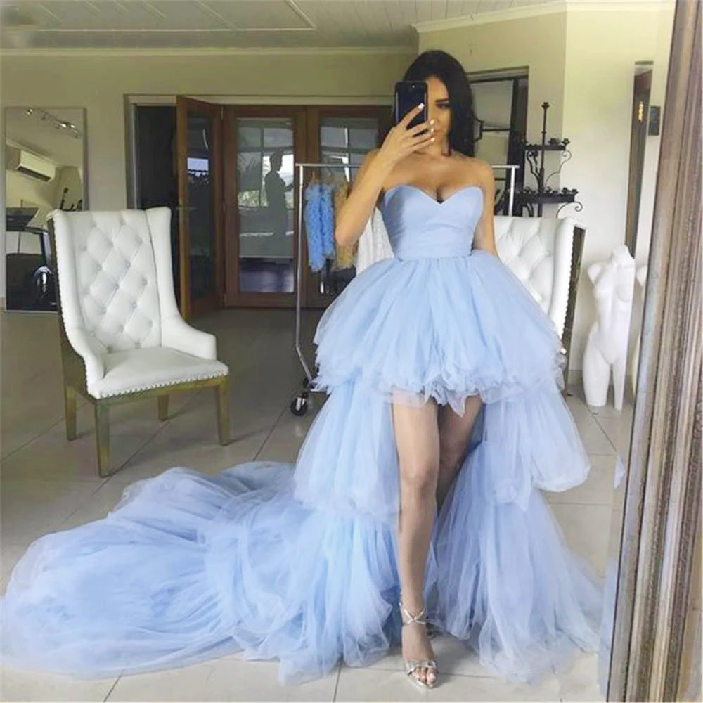 Womens Turquoise Hi-Lo Evening Dresses Sweetheart Tulle Tiered Princess Prom Dress Sky Blue Party Gowns Robe De Soirée