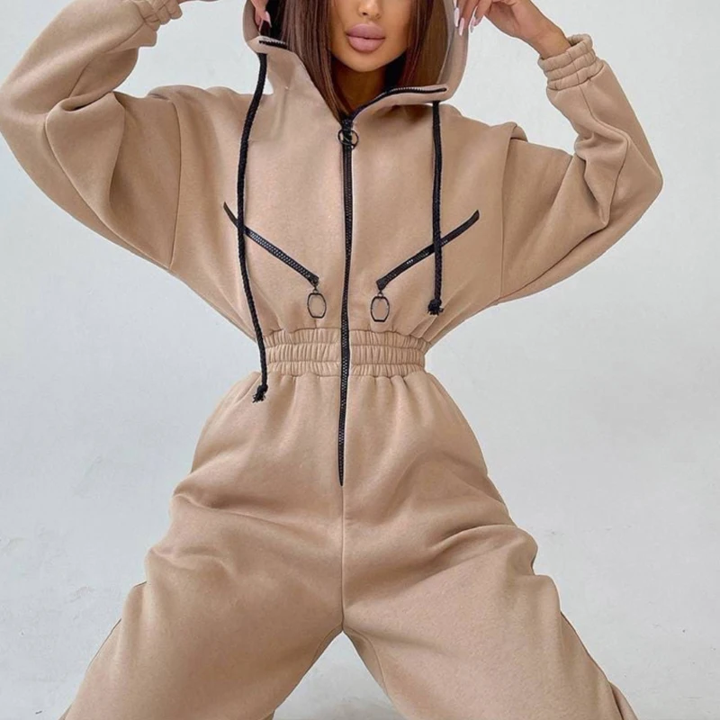 Casual Women Basic Hoodies Jumpsuits Zipper Drawstring Cardigan Outerwear And Elastic Pencil Pants Suit Autumn Winter Tracksuit