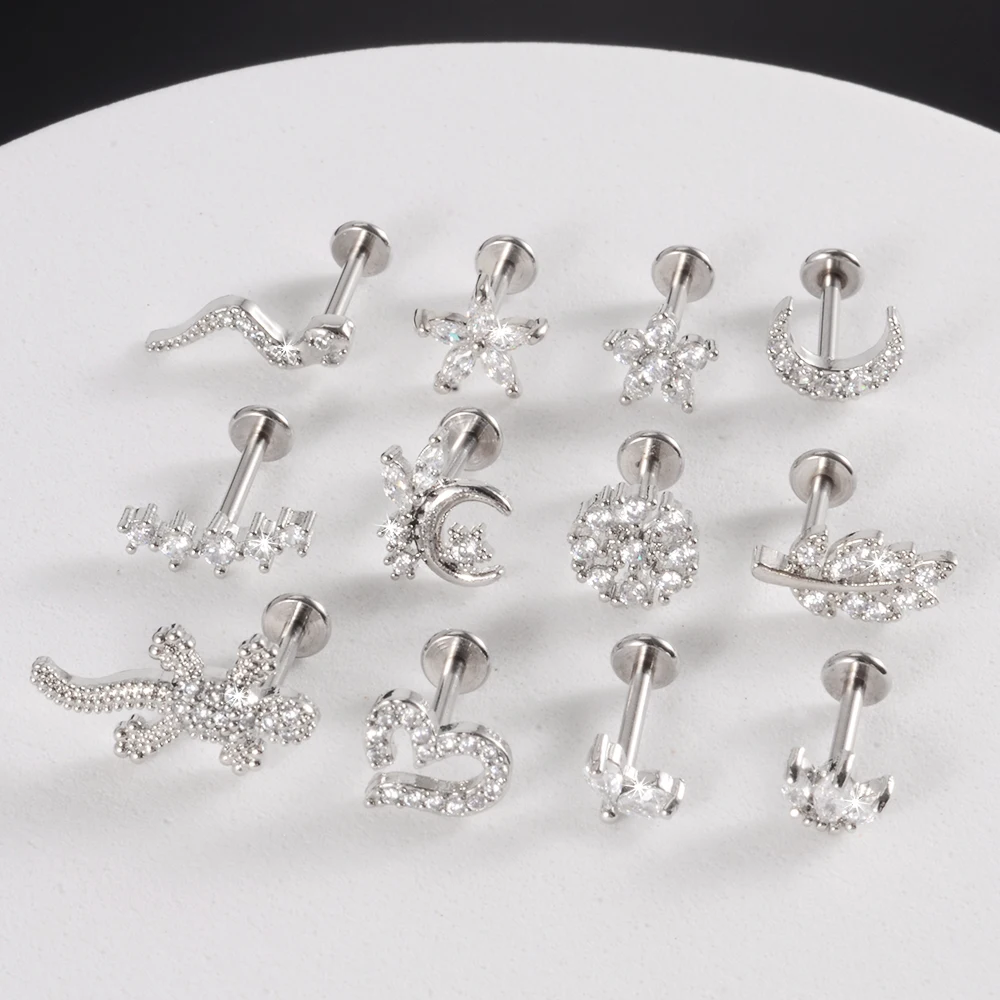 1pcs Surgical Steel Zircon Ear Stud Labret Stud Lip Ring Cartilage Helix Lobe Conch Piercing Moon Earrings Body Piercing Jewelry