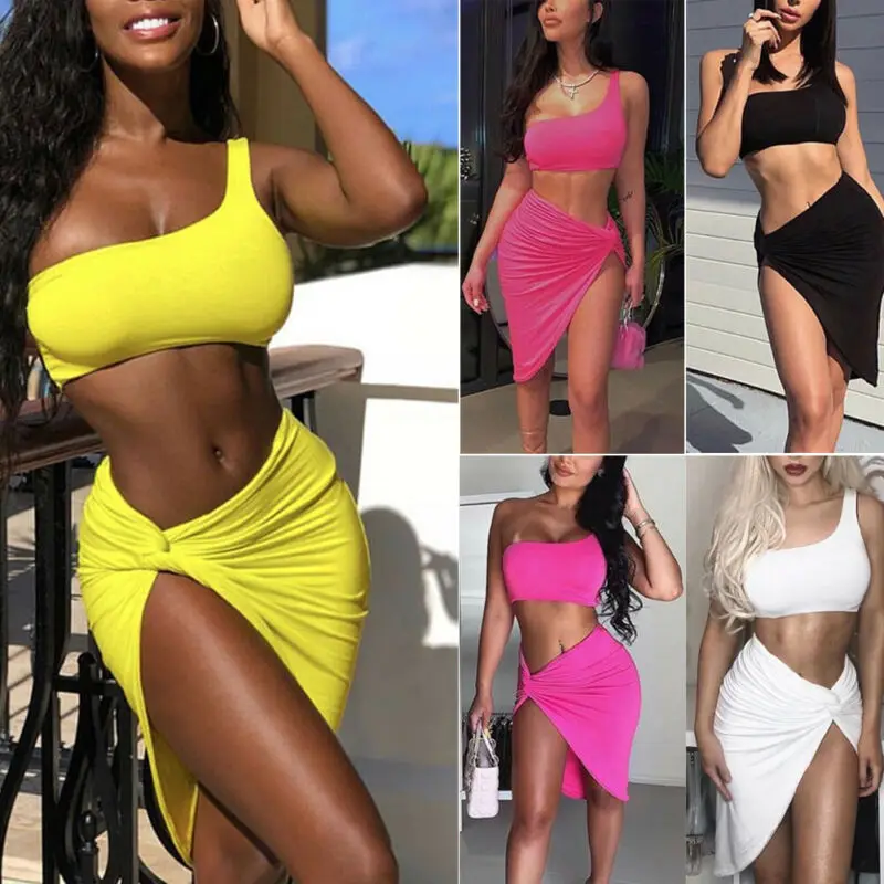 Women Bodycon Set Two Piece One Shoulder Crop Top and Mini Skirt Set Bandage Sexy Clubwear Yellow Black White Rose Red