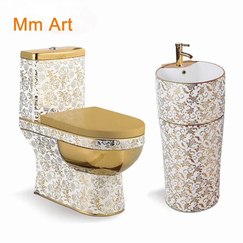 

Artistic Golden Diamonds Style One Piece Closestool Siphon Jet Fluishing S-Trap Floor Mounted Luxious Villa Bathroom Seat Toilet