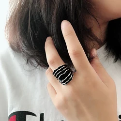 Wbmqda Fashion Tibetan Silver Ring Wide Chunky Stripes Enamel Wave Line Statement Ring For Women Punk Jewelry