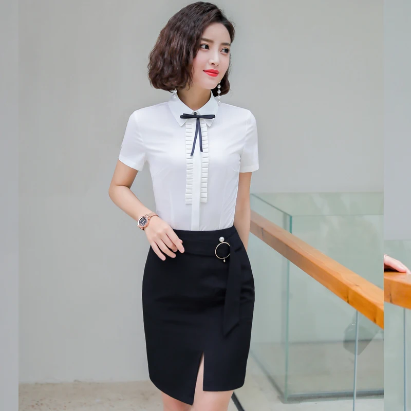 Novelty Blue Formal OL Styles Short Sleeve Blouses Shirts for Women Business Work Wear Female Blouse Tops Clothes Summer