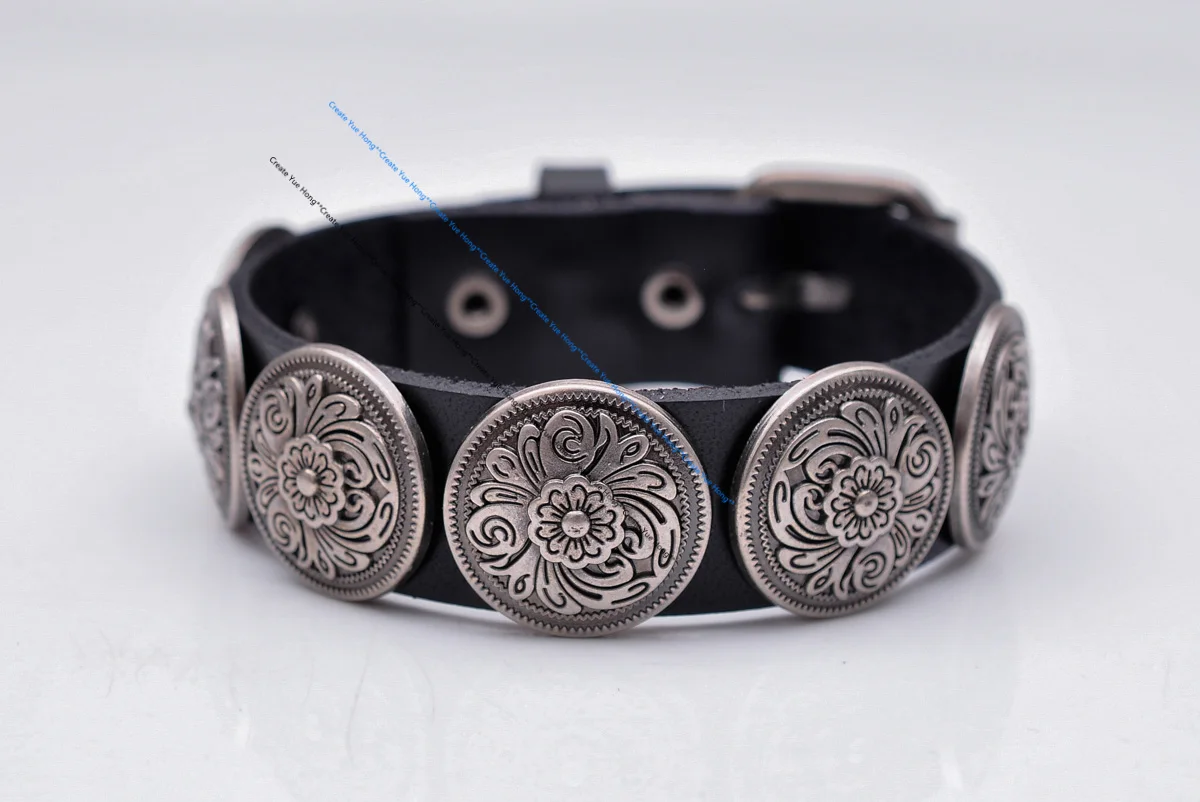 Celtic Biker Western Decor Antique Flower Concho Leathercraft Quality Veg Tan Black Leather Bracelet Wristband Cuff Bangle