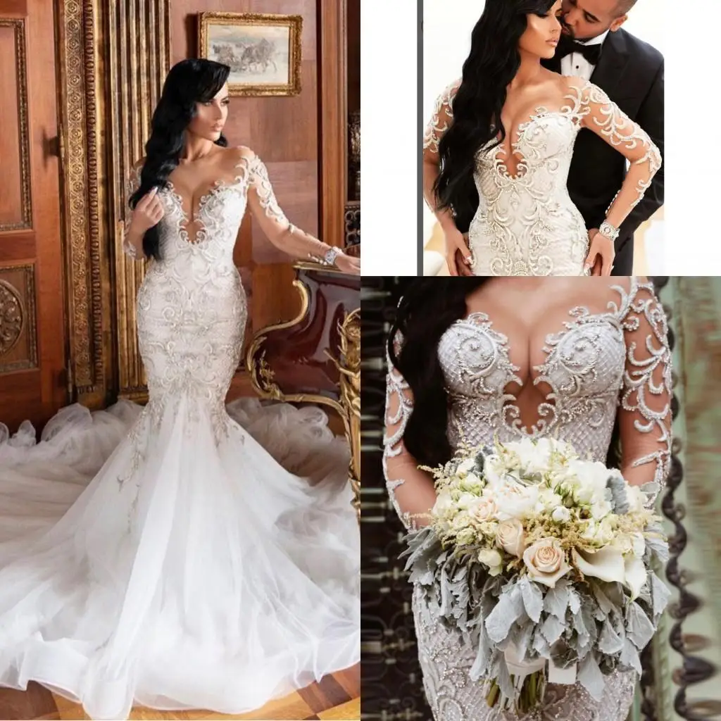 

Elegant Lace Mermaid Wedding Dresses Arabic Sheer Scoop Neck Applique Beaded Plus Size Bridal Gowns Vestidos De Novia