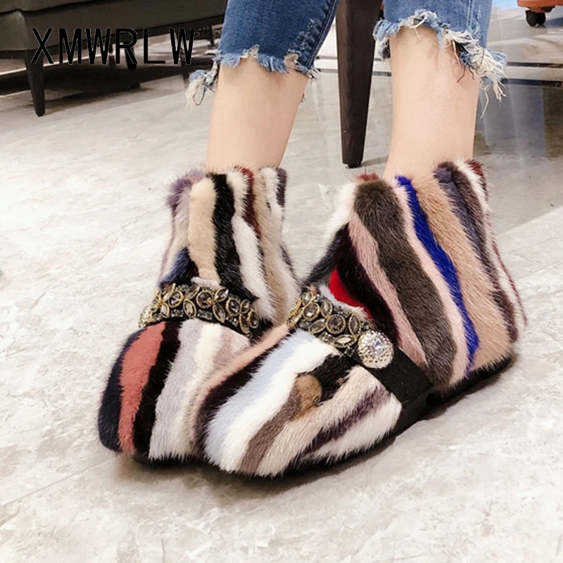 XMWRLW Women Ankle Boots Fashion Rhinestone Fur Snow Boots For Women Winter Shoes Non-Slip Ladies Ankle Boot Women Winter Shoes