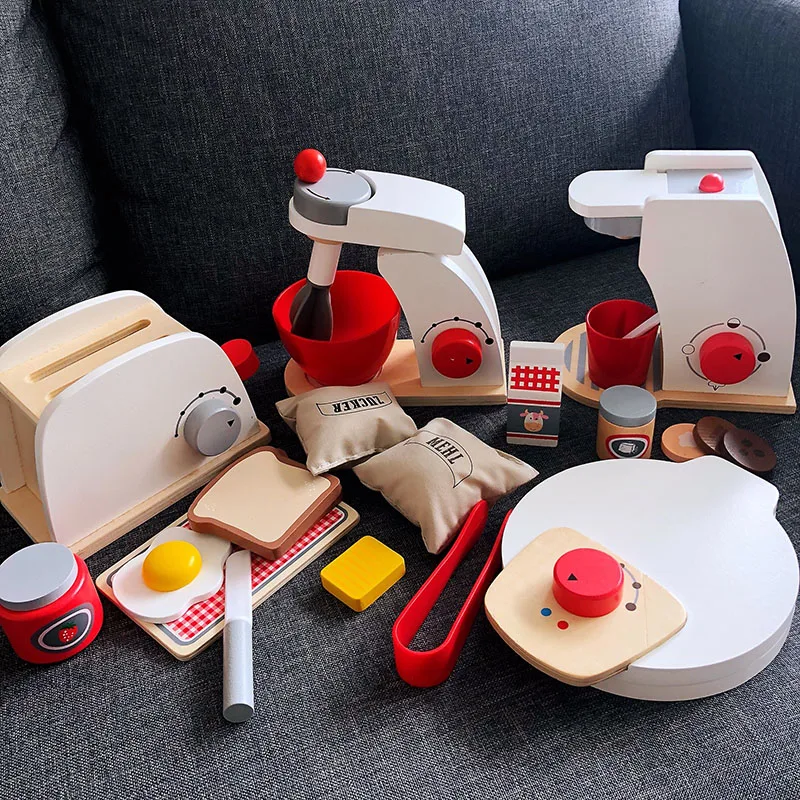 Kids Wooden Pretend Play Sets  Pretend Toasters Bread Maker coffee machine game children's toy mixer Kitchen Educational toy