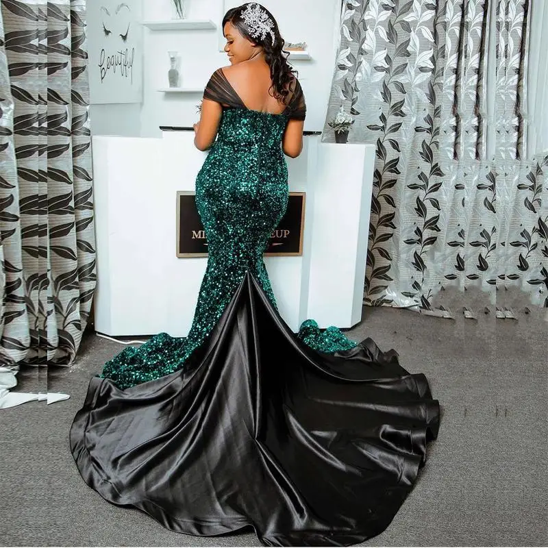 Sparkly Dark Green Mermaid Prom Dresses Aso Ebi Style Cap Sleeves Sequined Evening Gowns Black Sweep Train Formal Party Dress