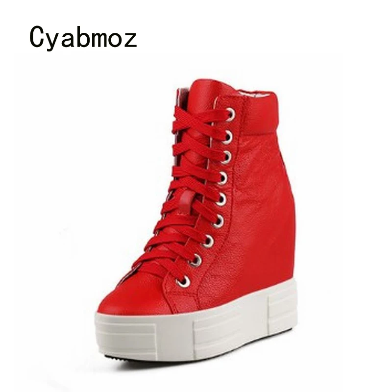 Cyabmoz Genuine Leather Height increasing Shoes Women Wedge Platform Casual Sneakers Hidden High heels Party Ladies Black Shoes