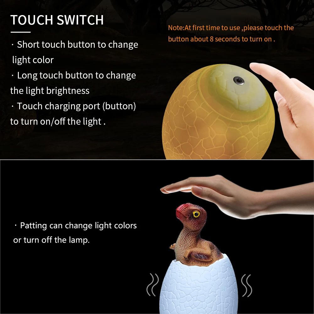 3D Printed Dinosaur Egg LED Night Lamp Remote Control 16 Colors USB Rechargeable Dinosaur Lamp For Children\'s Lights Night