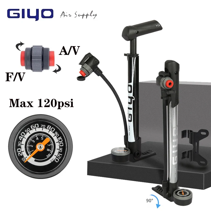 

Giyo 120psi Floor Standing & Hand 2 In 1 Bicycle Pump Presta Schrader AV/FV 2 In 1 Valve MTB Bike Mini Portable Tire Inflator