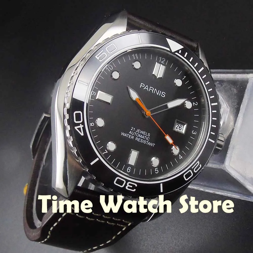 Parnis 45mm Miyota 5ATM Automatic Men\'s watch Sapphire Glass luminous black dial Ceramic Bezel waterproof