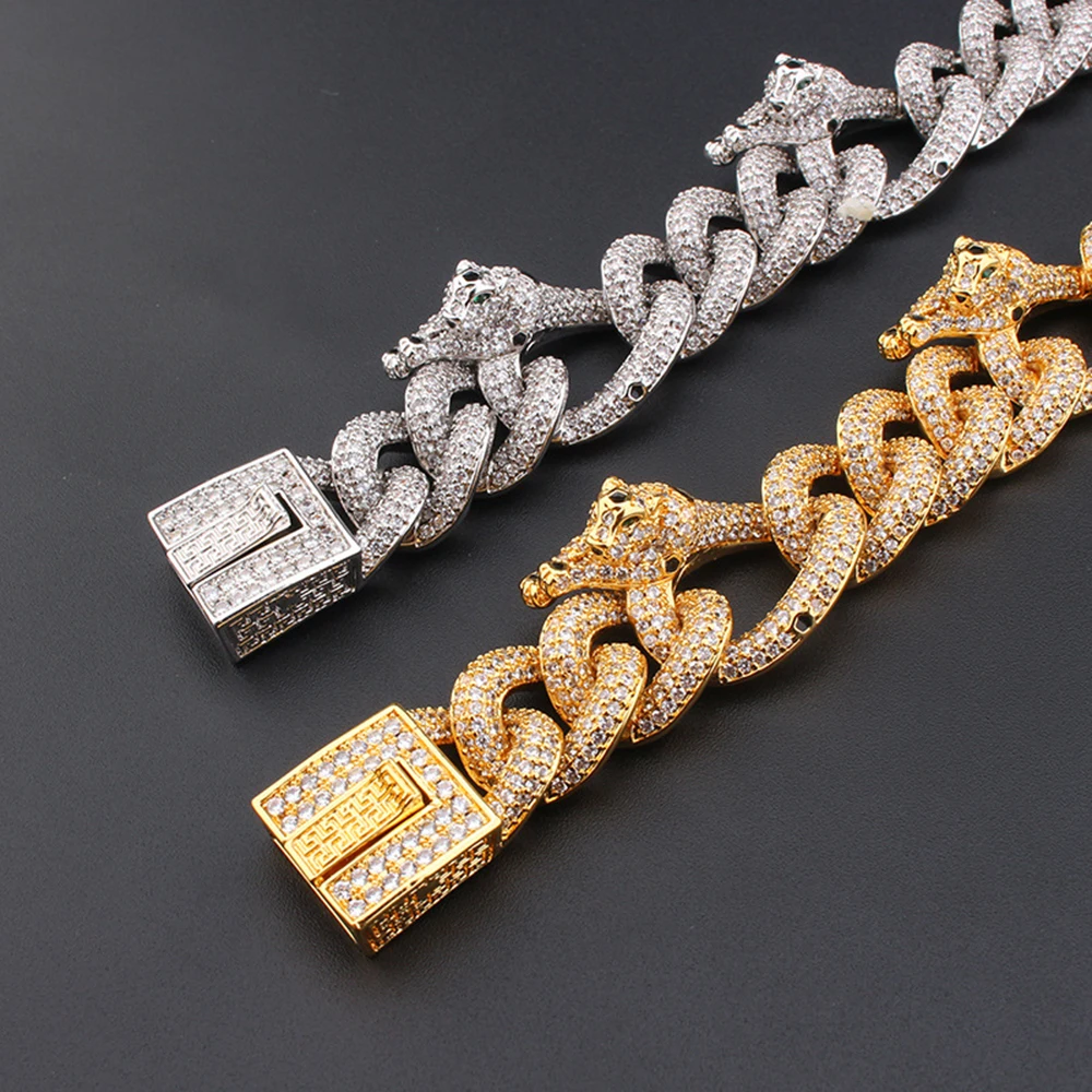 AZ Cool Iced Out Leopard Head Cuban Link Chain Bracelets For Men Women With Bling Zircon Stone Hip Hop Miami Link Hand Chain