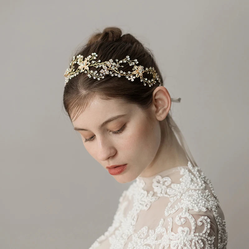 O044 Kunstbloemen Bridal Wedding Haarbanden Hoofdband Fee Crystal Bruiloft Haarband Met Lint Haaraccessoires