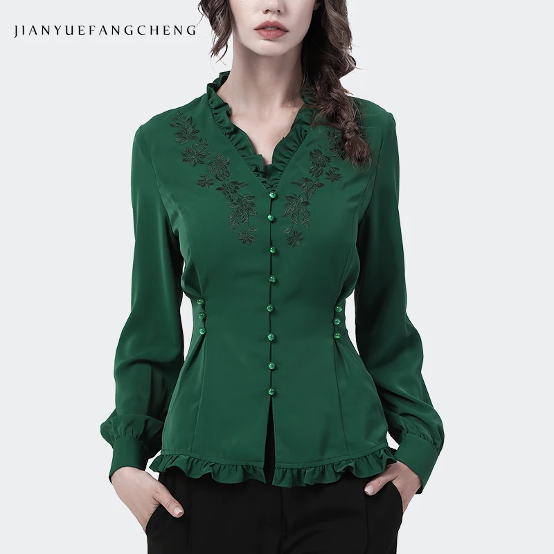 Vintage Embroidery Long Sleeve Women\' Shirt 2021 Autumn New Ruffled V-Neck Satin Top Dark Green Elegant Slim Tunic Blouses