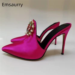 Elliptical Pearl Crystal Buckle Sandals Women Luxury Satin Pointed Toe 10cm Stiletto Heel Runway Mules Runway Shoes