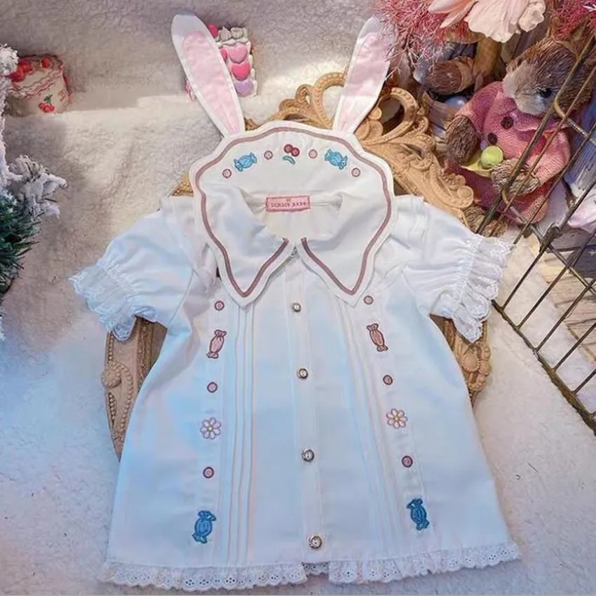 

Cherry rabbit short-sleeved shirt baby girl lapel rabbit ear top casual cute embroidery summer blouse