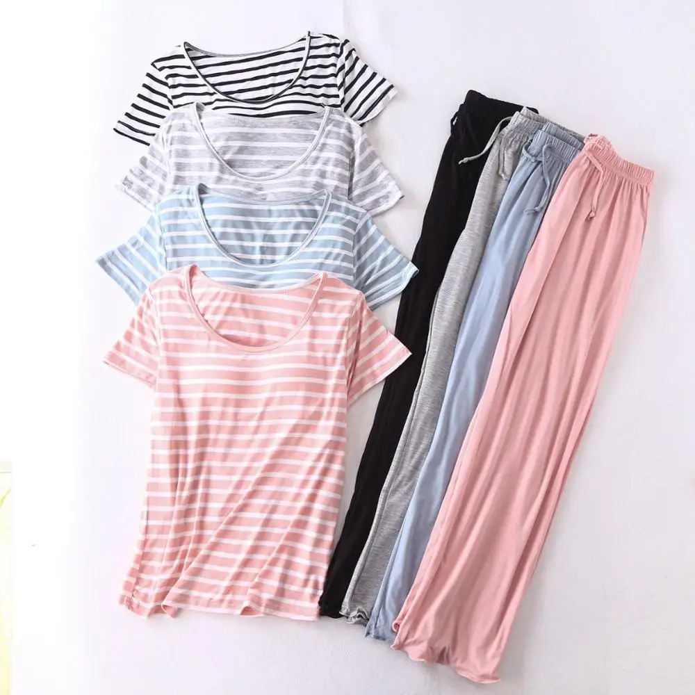 Summer Women Pijama Modal Striped Pyjama Femmes M-XXL plus size Women Sleepwear Short Sleeve With Chest Pad Pajama set