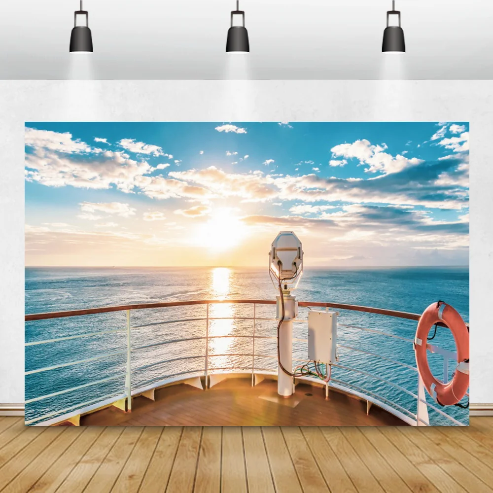Laeacco-خلفية للتصوير الفوتوغرافي ، خلفية للصيف ، غيوم السماء الزرقاء ، شروق الشمس ، سفينة بخار البحر ، خلفية استوديو الصور